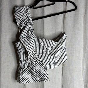 Elegant Black and White Striped Ruffle Blouse